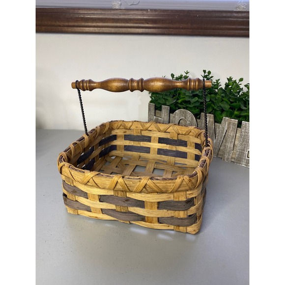 Other - Woven Square Basket Wooden Handle Rustic Farmhouse Home Decor Storage